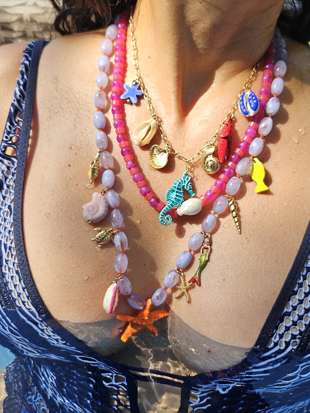 Layered Pink Beach Coastal Charm Necklace Set